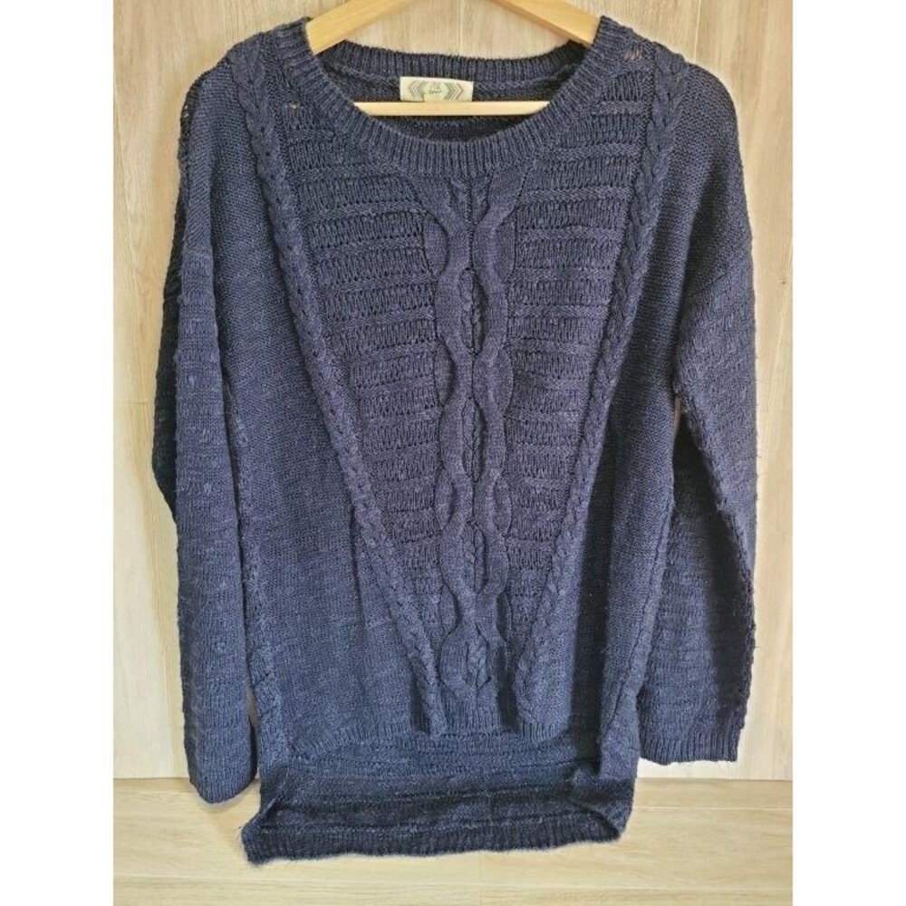 Pink Rose Sweater Womens L Blue Cable Knit Pullover Loose Knit Acrylic